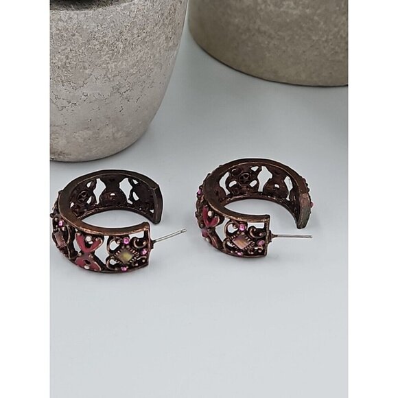 Vintage Copper Hoop Earrings Enamel Sparkle Post Back 1" Hoop 1/4" Wide - Picture 4 of 5